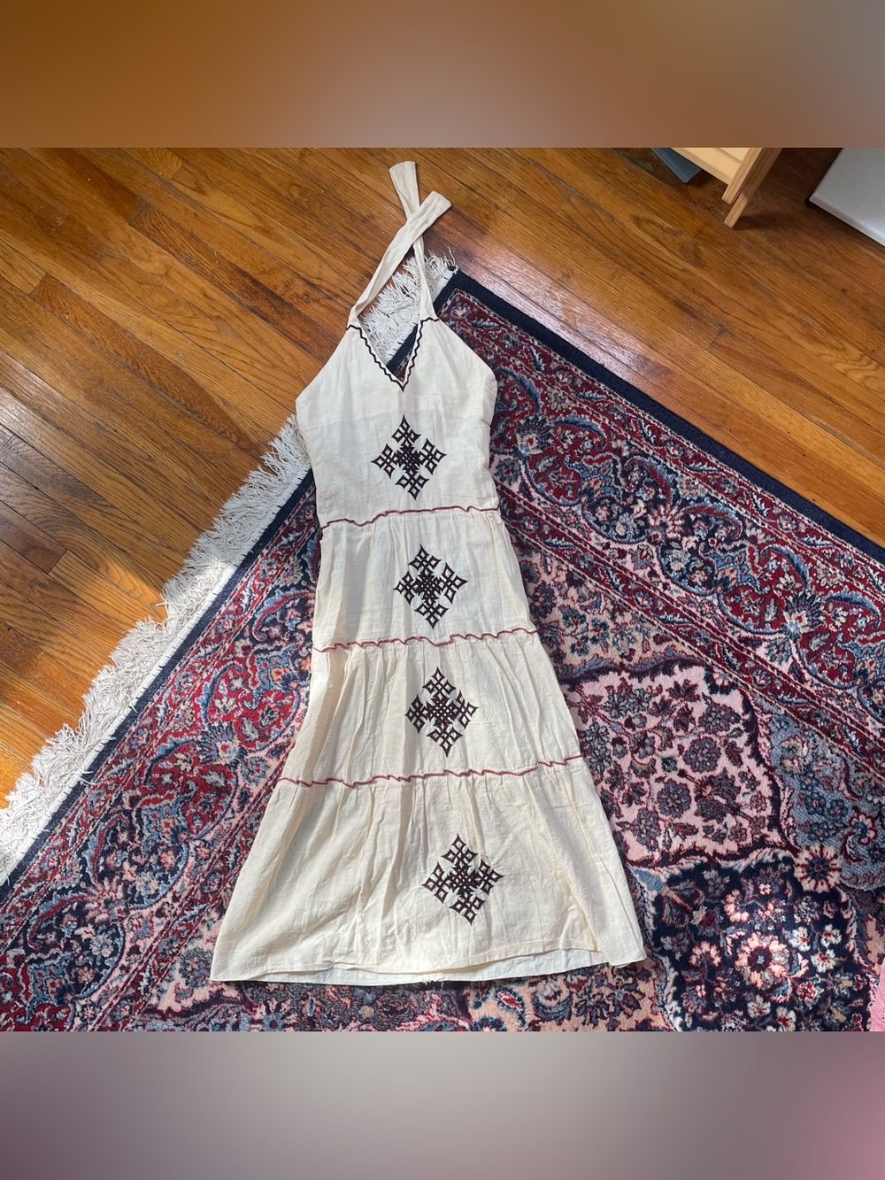 Vintage Handmade Flax Cream Embroidered Tiered Halter Dress